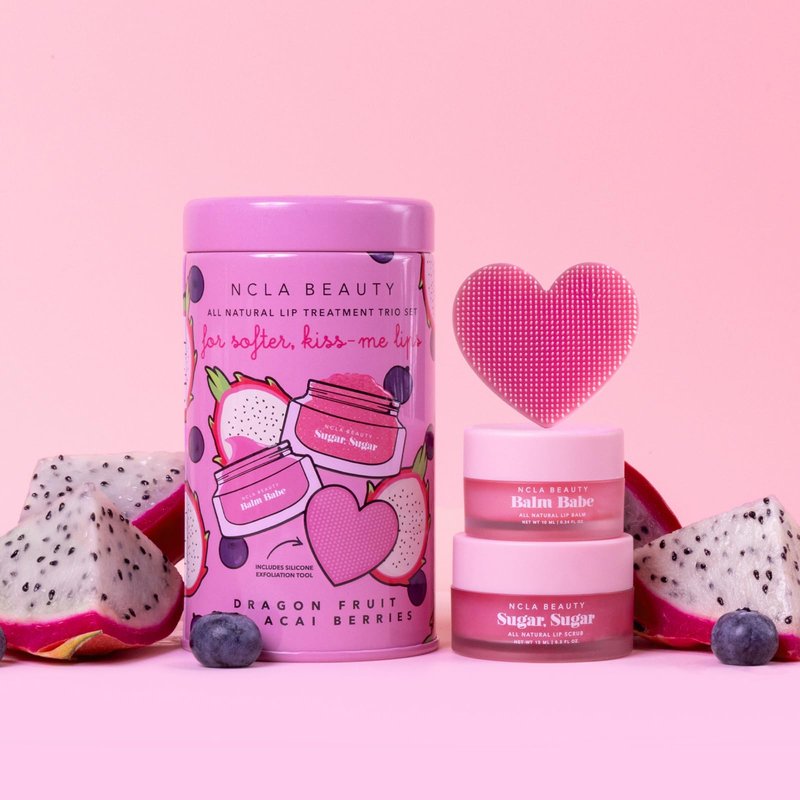 NCLA All Natural Lip Treatment Set - Hydrating Lip Balm - Vitamin C, E, and Agave Sugar Scrub with Silicone Scrubber - Dragon Fruit Acai Berry - 3 pc