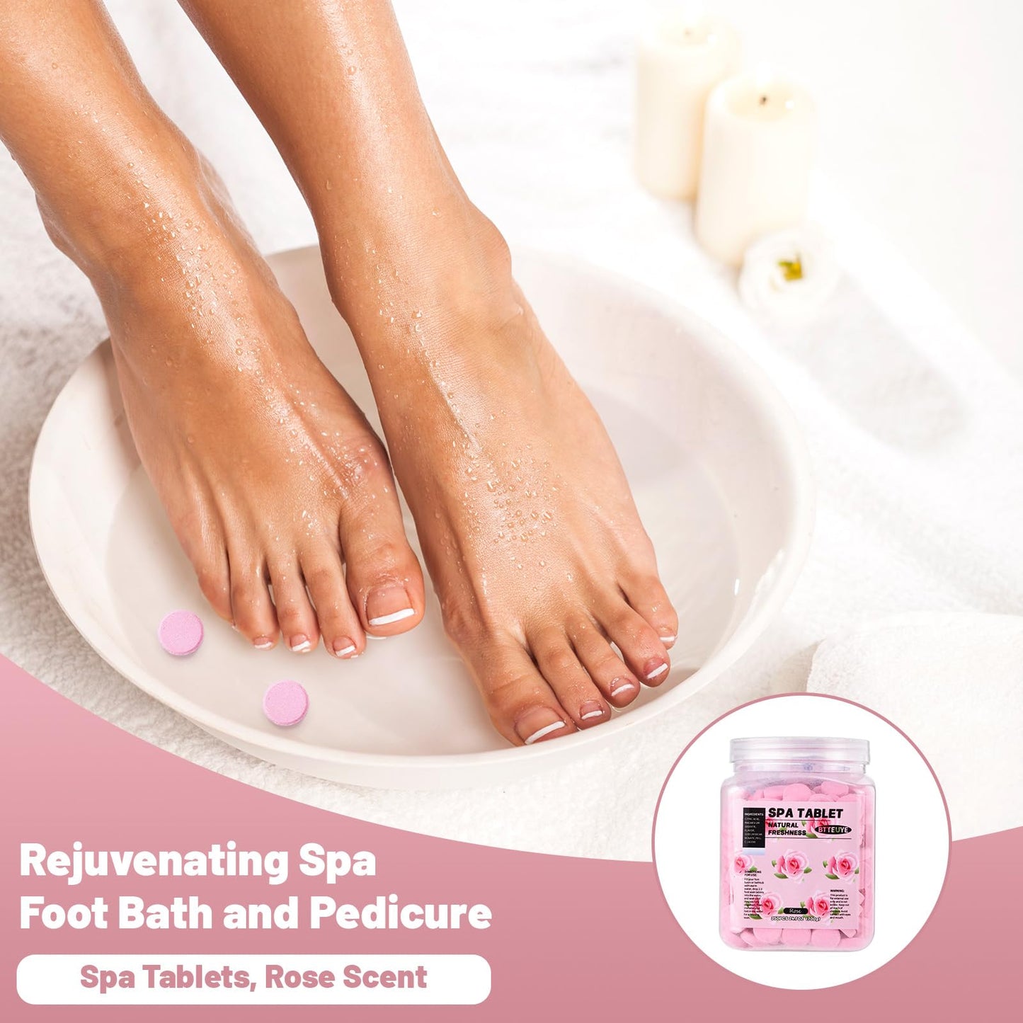 BTTEUYE Spa Foot Bath Pedicure Tablets ,Pedicure Foot Spa Supplies,Natural & Refreshing, Relieve Fatigue, Quickly Dissolve & Remove Dead Skin, Rose Fragrance, 350-Count