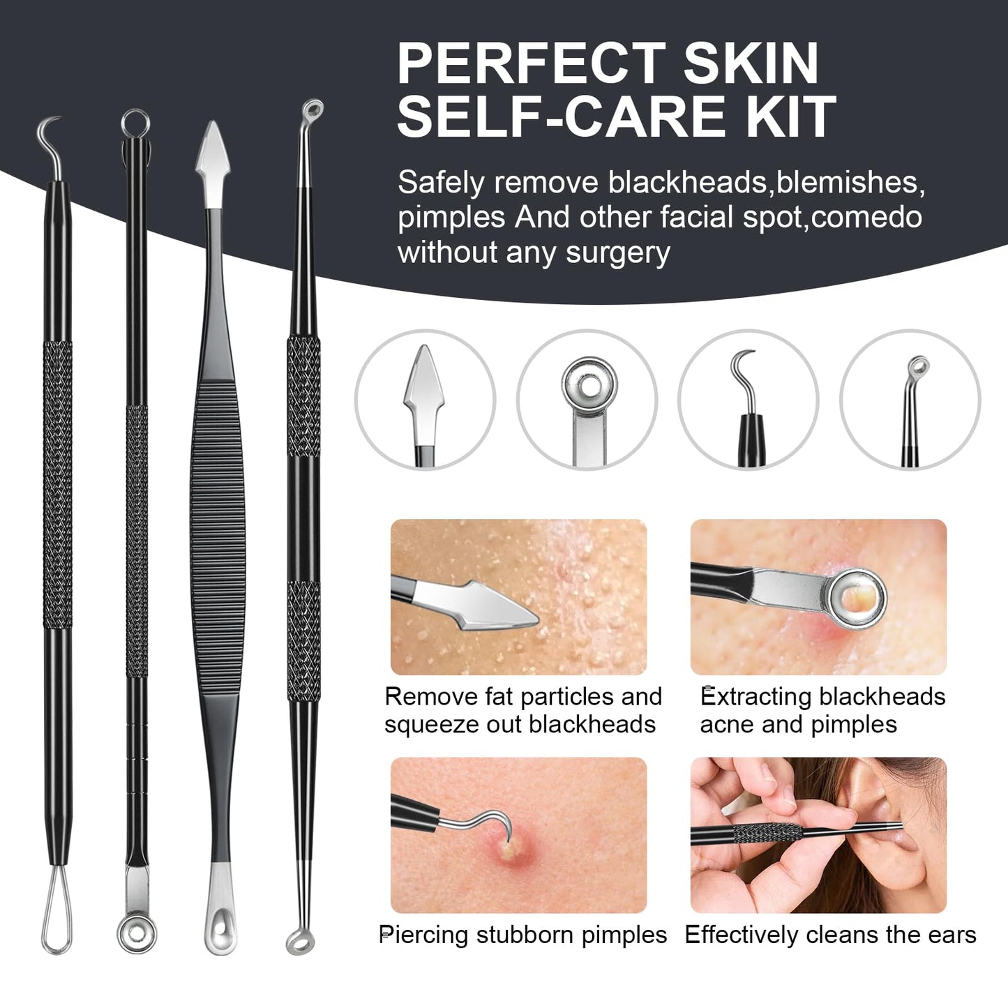 Meidaier 11Pcs Blackhead Remover Kit, Stainless Steel Acne Comedone Extractor with 10X Magnifying Glass & 20 75% Alcohol Pads, Pimple Whitehead Blemish Removal, Anti-Slip Handle & Storage Box