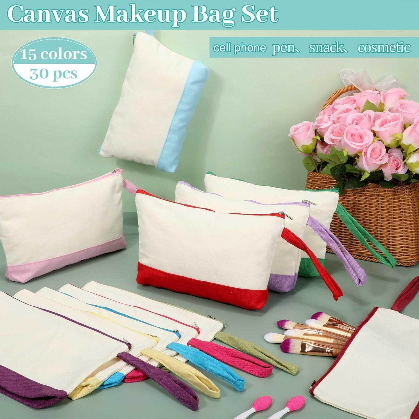 Silkfly 30 Pcs Cotton Canvas Makeup Bags Canvas Cosmetic Zipper Bags 10.2 x 5.5 x 2'' Blank DIY Pouch Bulk with Bottom Pencil Case Travel Toiletry Pouch for Women Gift (Cute)