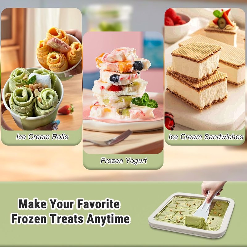 Rolled Ice Cream Maker - DIY Instant Ice Cream Tray with Lid & 2 Spatulas | 10.24'' x 8.24'' for Soft Serve & Frozen Treats