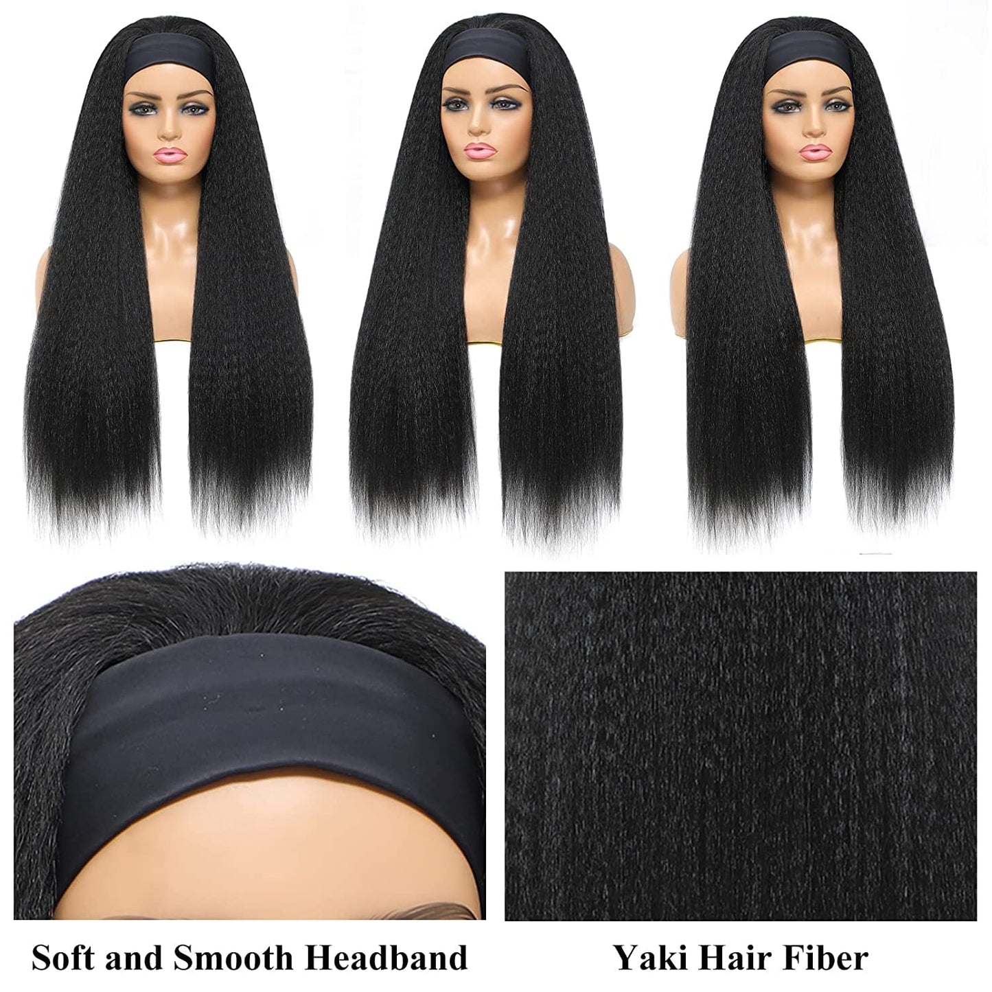 Vligcor Kinky Straight Headband Wig 24-Inch Long Yaki Straight Synthetic for Black Women - None Lace Front With Black Headband Attached (Natural Black)