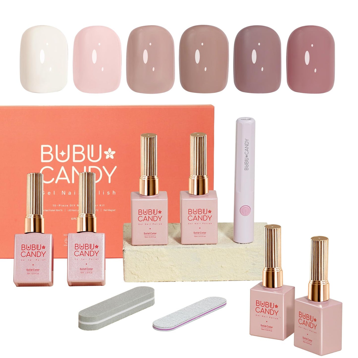 BUBU CANDY 15ml 6Color Gel nail polish kit Gift LED lights Nail file Daily nude color series set,Hema free, Salon Manicure and Nail Art DIY at Home Solid color DIY at Home for Women