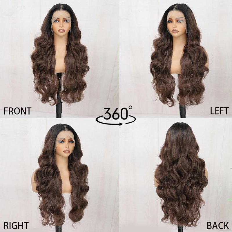 13x6 Lace Front Wig - Ombre Brown HD Lace Body Wave, Pre-Plucked, 28 Inch Long Wavy Synthetic Hair