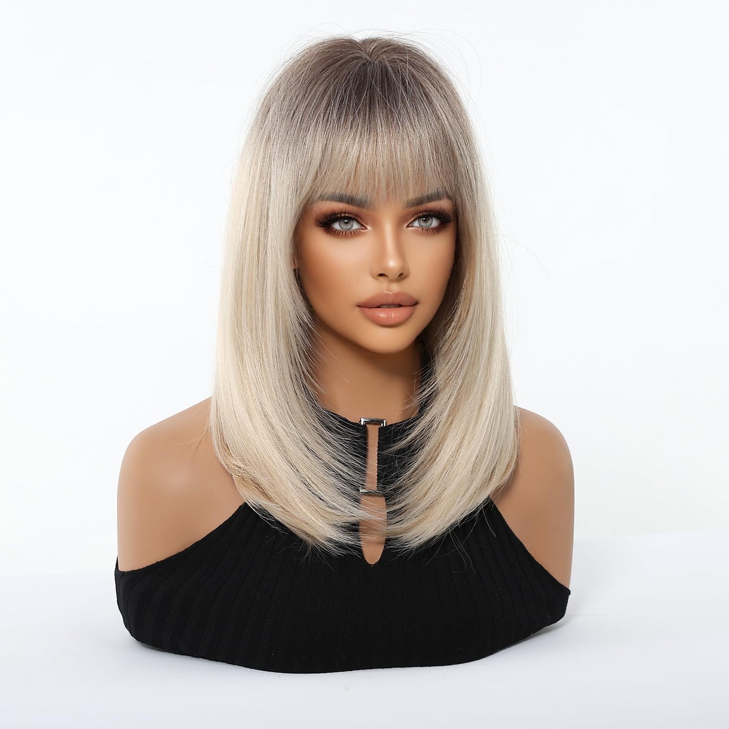 Osicapea Ombre Blonde Short Wigs with Bangs for Women, Woman Natural Short Straight Heat Resistant Synthetic Wig, 14 Inch Long Hair Replacement Wigs for Women's Cosplay Costume Party Daily Use