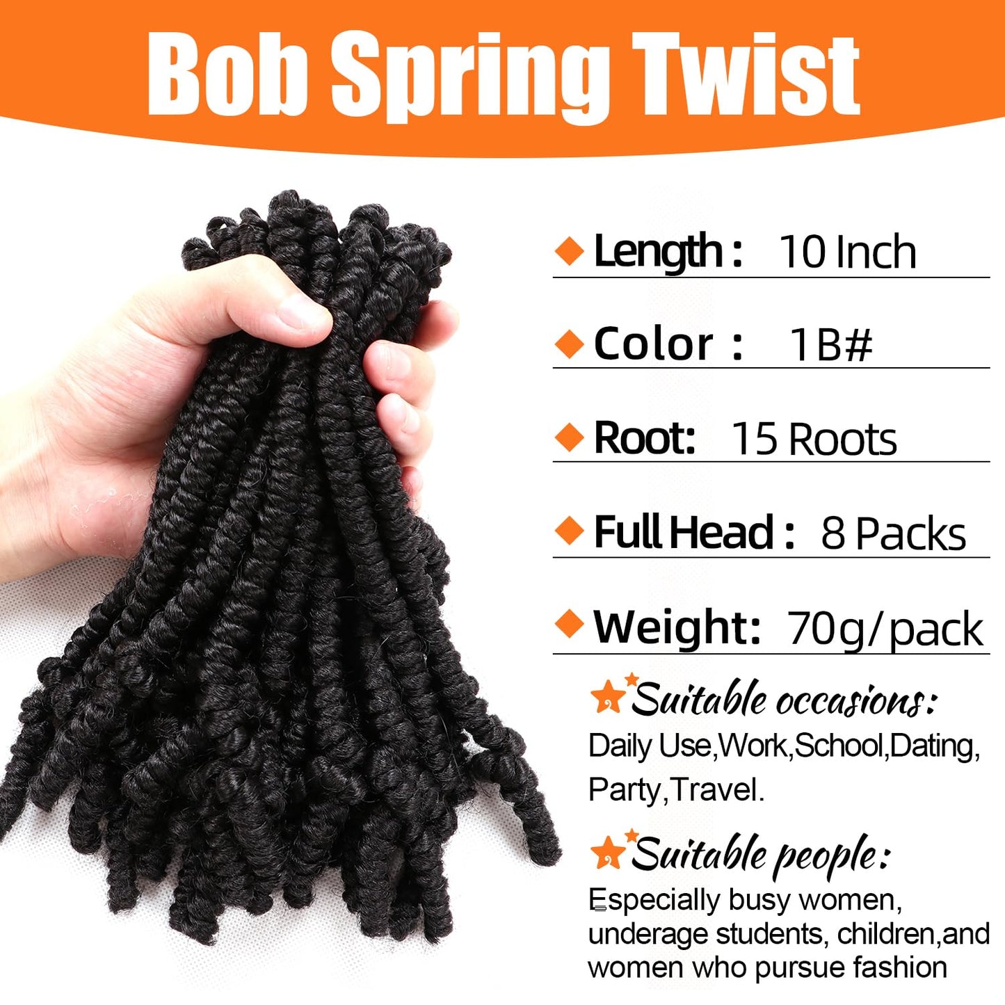 8 Packs Short Bob Spring Twist Crochet Hair 10 Inch Passion Twist for Black Women (10 Inch, 1B#)