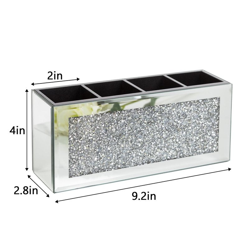 SHYFOY 4-Compartment Makeup Brush Holder, Mirrored Makeup Organizer with Crushed Diamond Crystals, Vanity Cosmetics Organizer Solution, Pencil Holder Organizer for Desk