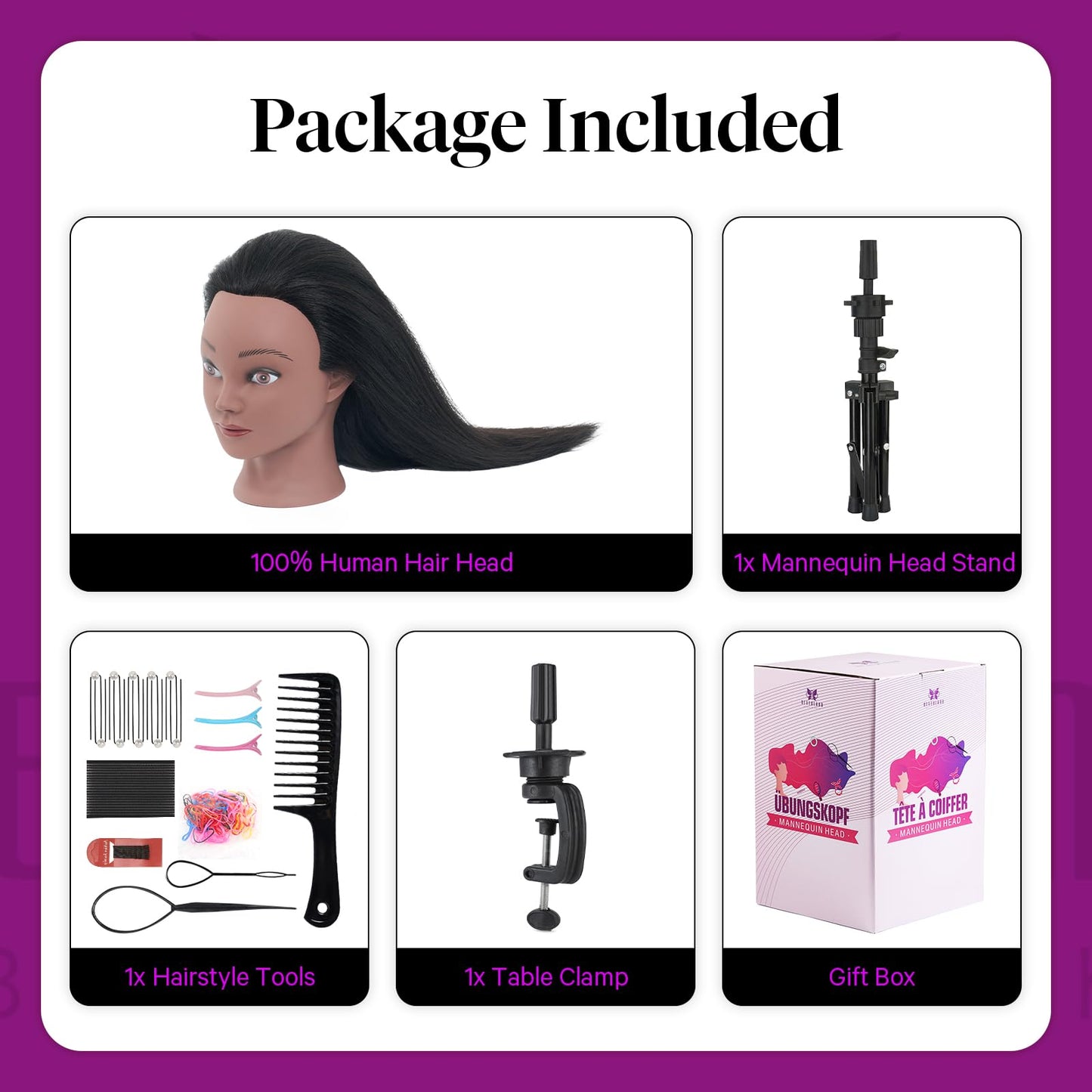 18" Mannequin Head Human Hair with Stand - 100% Real Human Hair Mannequin Head for Braiding, Cosmetology Manikin Doll Head for Hair Styling with Tripod Stand Table Clamp Hair Braiding Set,Black