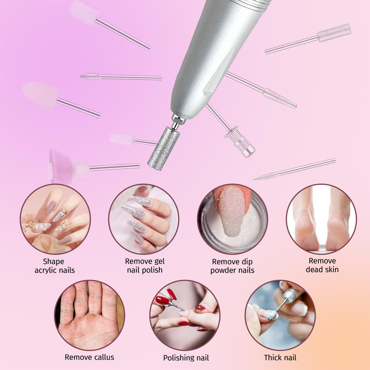Electric Professional Nail Dril 35000RPM Pink Nail File for Acrylics Gel Nail Polish Remove Cordless Portable Rechargeable Nail Drill Kit for Home Salon Manicure Pedicure