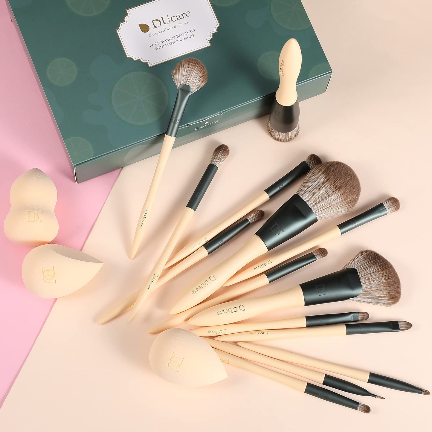 DUcare Makeup Brushes 14Pcs with 3Pcs Makeup Spong & Cosmetic Bag& Folding Vanity Mirror with Stand