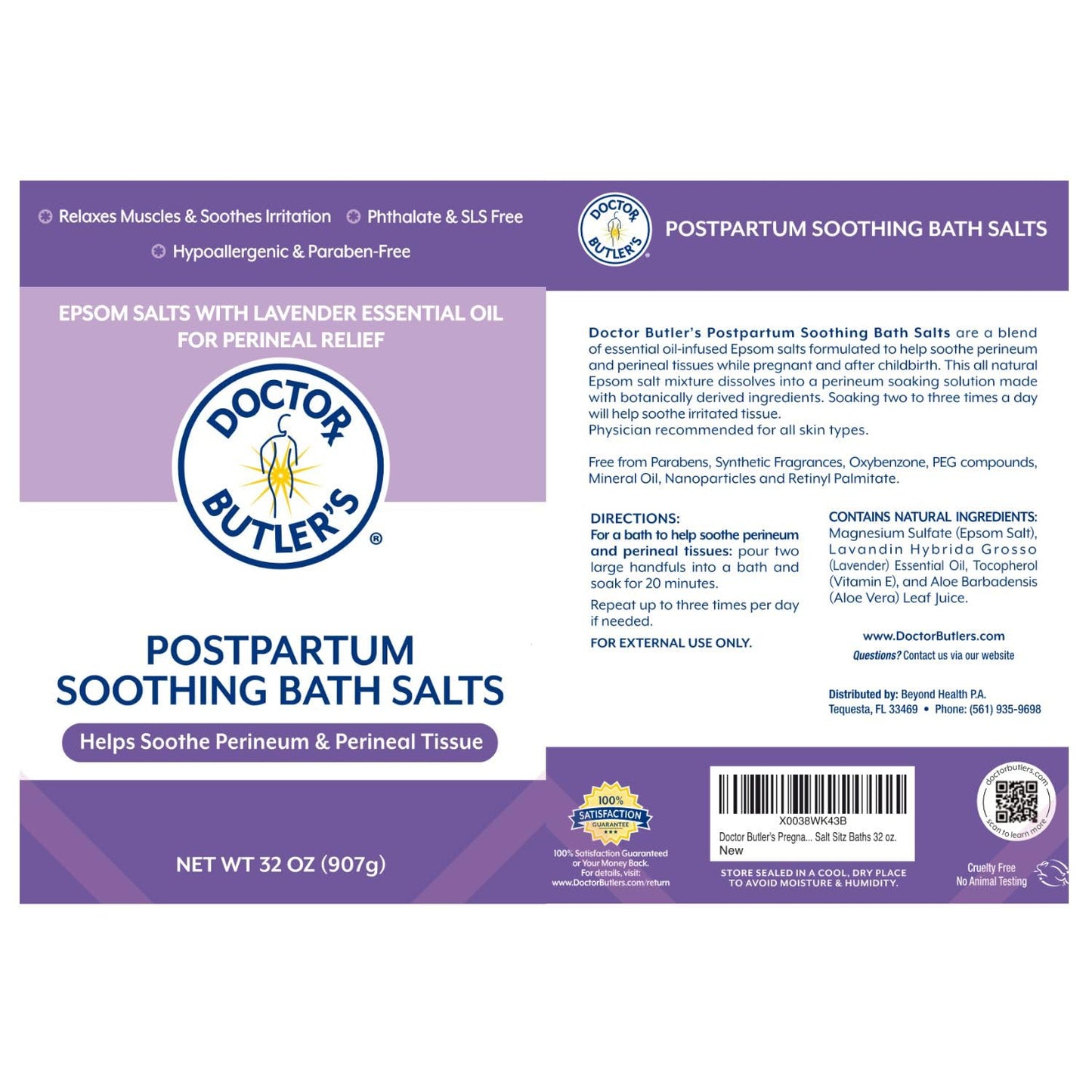 Doctor Butler’s Postpartum Soothing Bath Salts – Epsom Bath Salts for Women for Postpartum Recovery, Hemorrhoids, Discomfort, and Helps Soothe Perineum and Perineal Tissues After Birth (32 oz.)