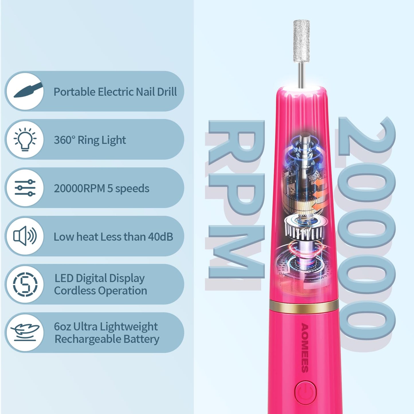AOMEES Portable Electric Nail File, Cordless Nail Drill with Light for Acrylic, Gel Nails, 12 in 1 Personal Polish Manicure Tools with Nail Drill Bits for Salon Home Use (Lavender)