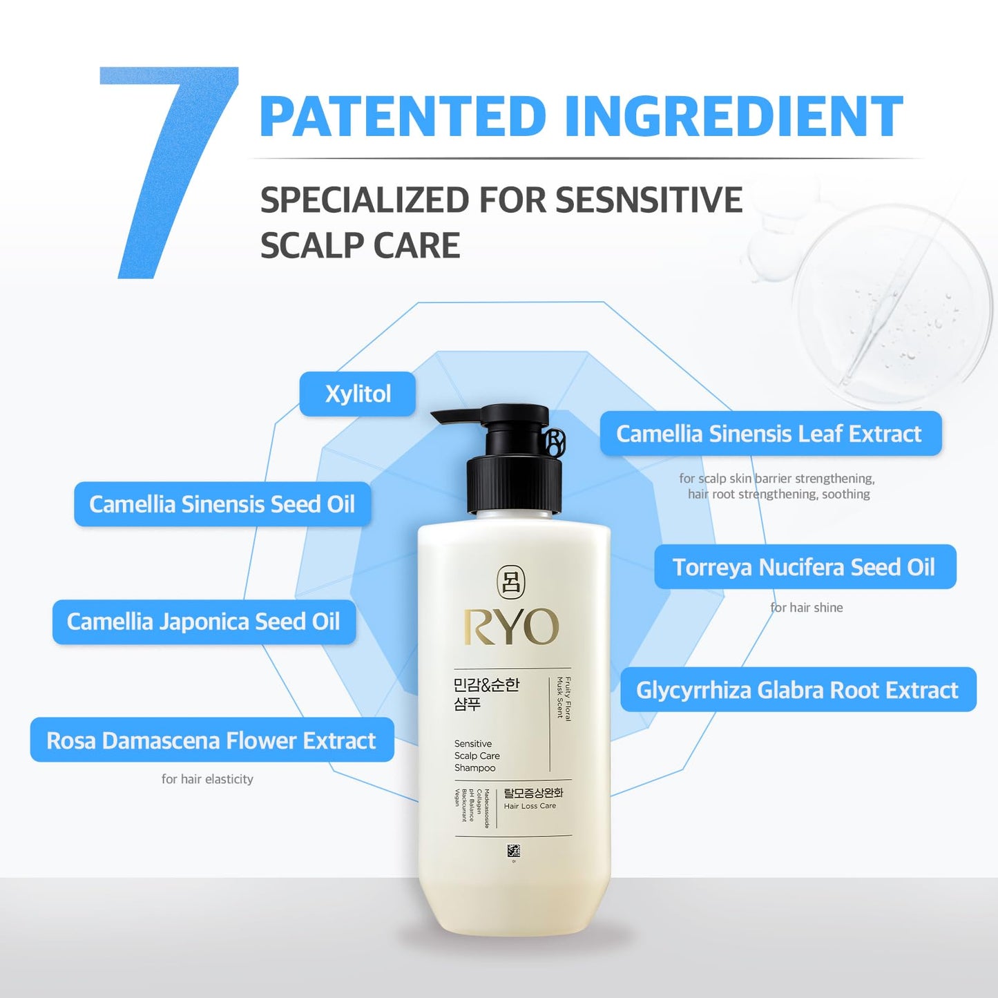 RYO Sensitive Scalp Care Shampoo with Korean Ginseng & Caffeine | Soothing Relief for Sensitive Scalp, Anti Hair Loss Care & Strengthening Formula, Dermatologist Tested, 16 Fl Oz | Holiday Gift