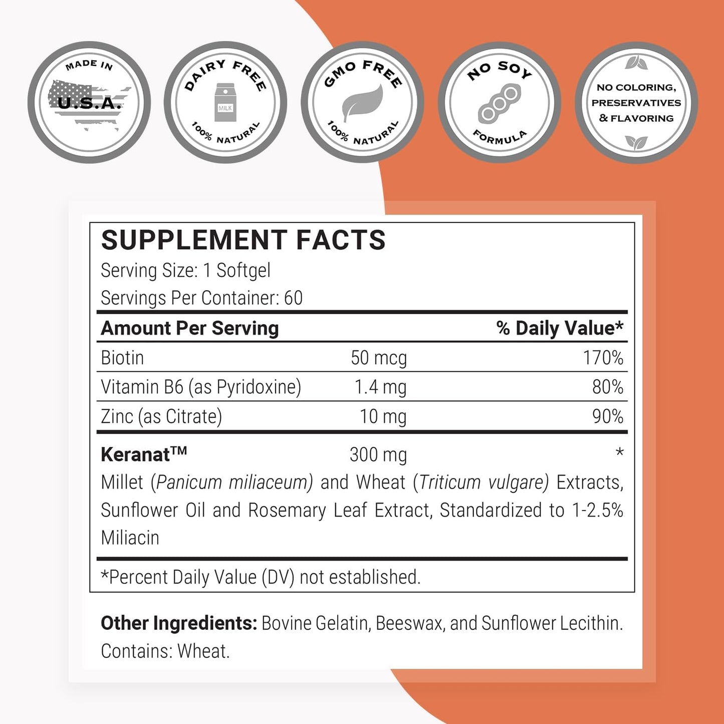 Keranat Hair Supplement - Advanced Biotin Formula for Volume & Growth - Non-GMO Gluten-Free | 60 Softgels