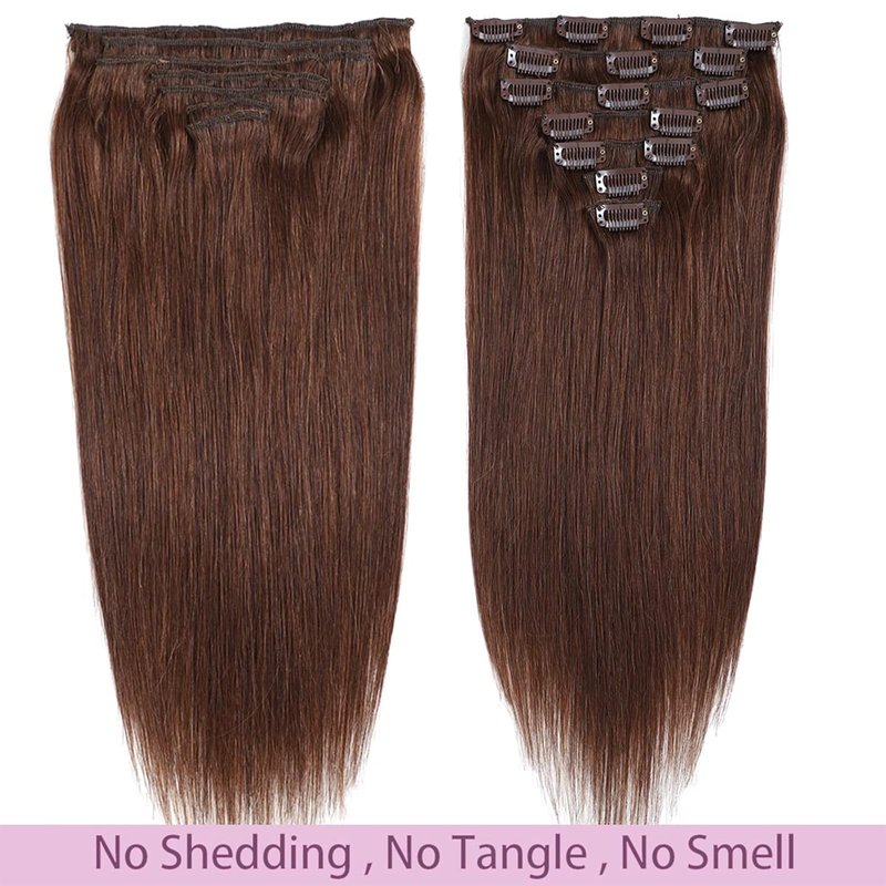 80g Hair Extensions Clip in Human Hair Darker Brown Human Hair Extensions Clip in Real Hair Straight Thick Weft 22 Inch 7pcs