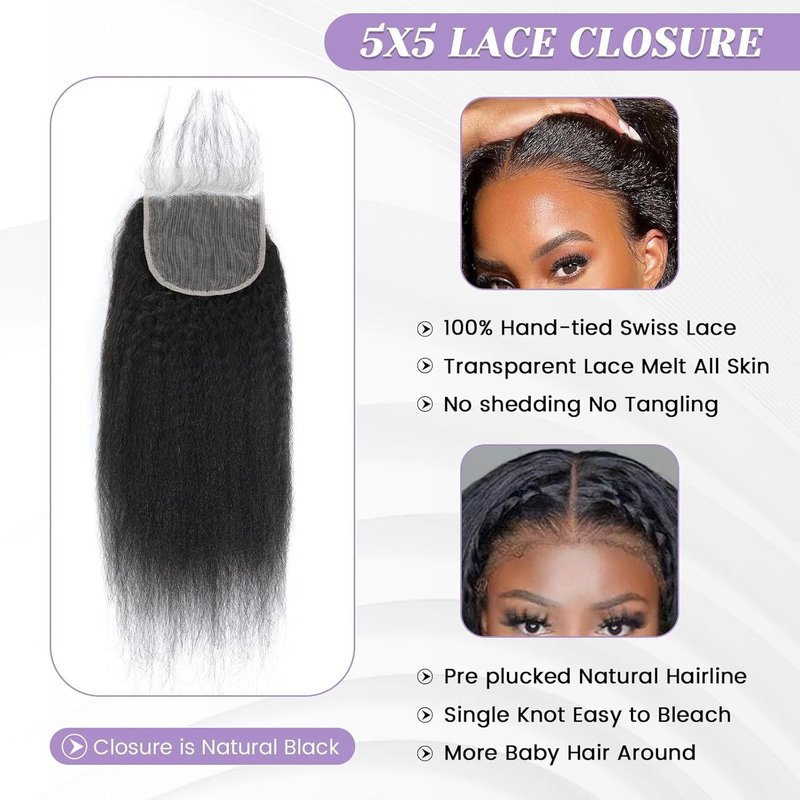 Selina Hair 5x5 Lace Closure Human Hair Kinky Straight Free Part Yaki Brazilian Virgin Hair Natural Black Color 18 Inch