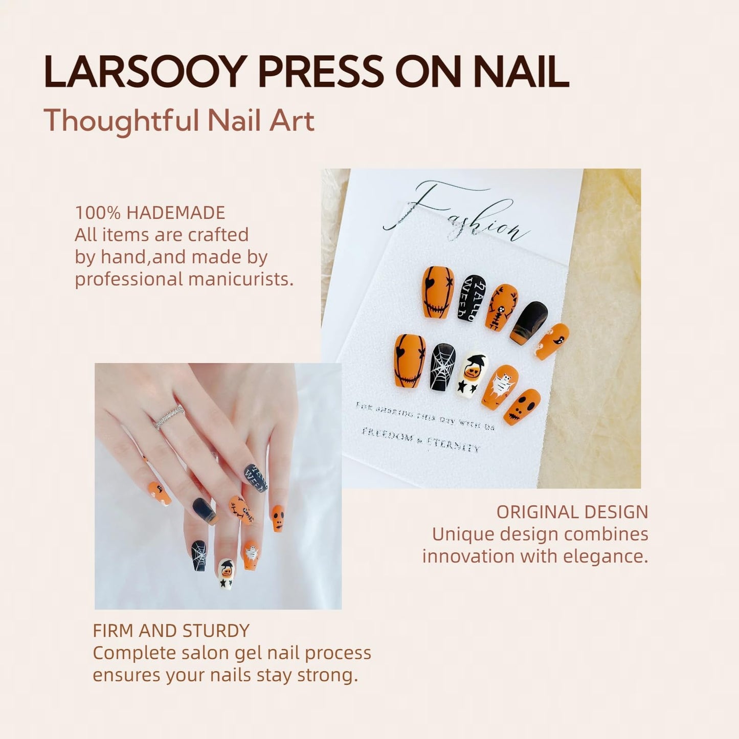 LARSOOY Nails Handmade Press On Nails Middle Square | Hand Painted Reusable False Nails with Unique Halloween Designs | 10 Pcs (Halloween Drawing, M)