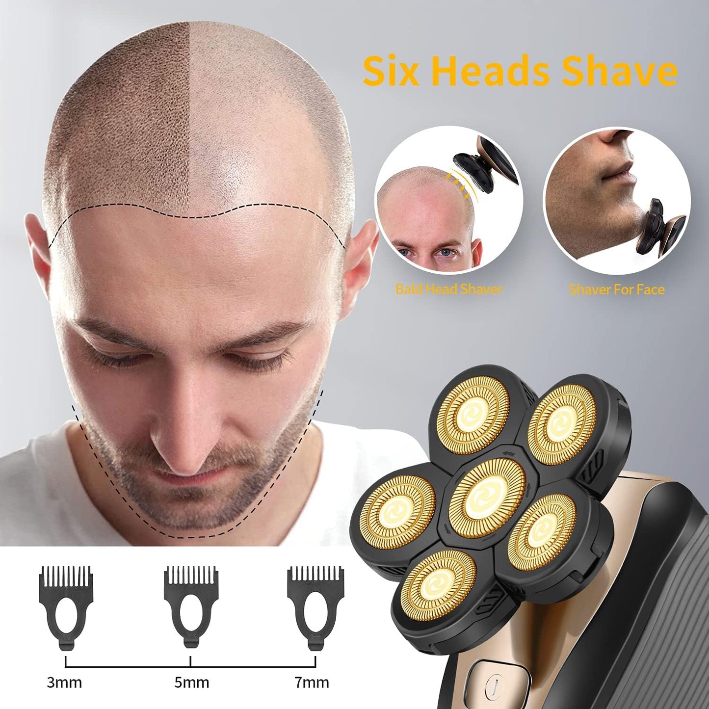 Multifunctional Head Shaver for Men - Waterproof Cordless Electric Razor Grooming Kit | Rechargeable Gold