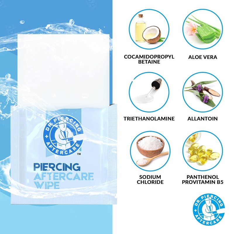 Dr. Piercing Aftercare Wipes - Saline Solution for Keloid Bumps | Ear, Lip, Belly, Nose Piercing Cleaner (200 Count)