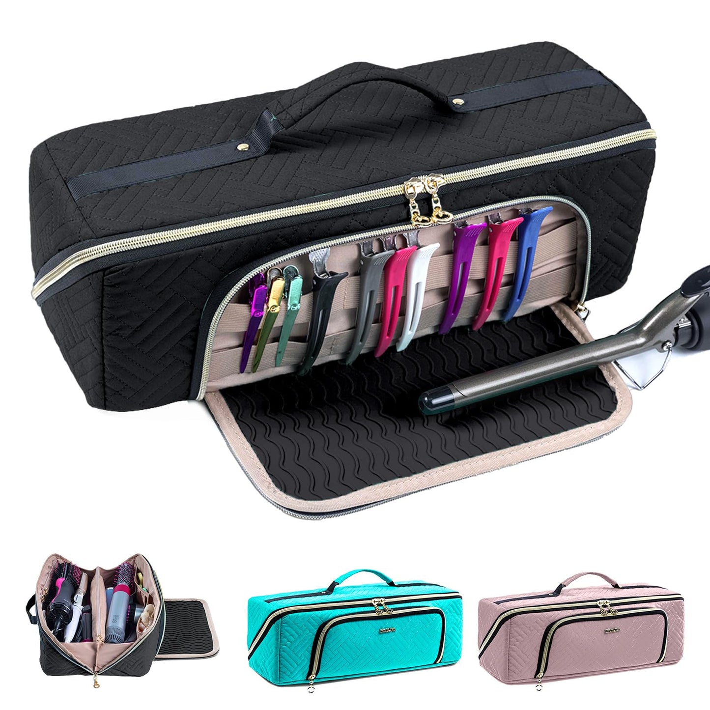 ELCUPA Large Hair Tools Travel Bag with Iron Mat - 2in1 Hair Tools Organizer for Hair Dryer Brush, Flat Irons, Straighteners, Curling Irons, Hair Bag, Makeup Bag, Cosmetic Bag for Travel Essentials