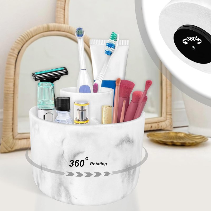 Makeup Brush Holder Organizer - 360° Rotating Resin Case | 4 Slot White Marble Storage for Cosmetics & Tools