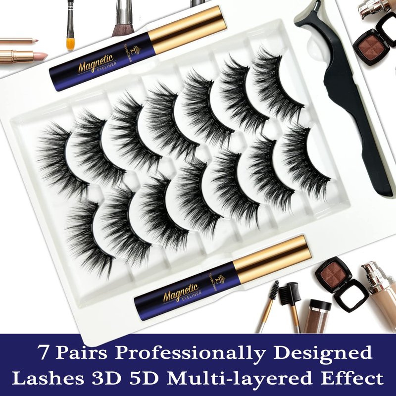 Magnetic Eyelashes - 7 Pairs Reusable Cat-Eye Lashes with Magnetic Eyeliner & Applicator | Long-Lasting, Cruelty-Free