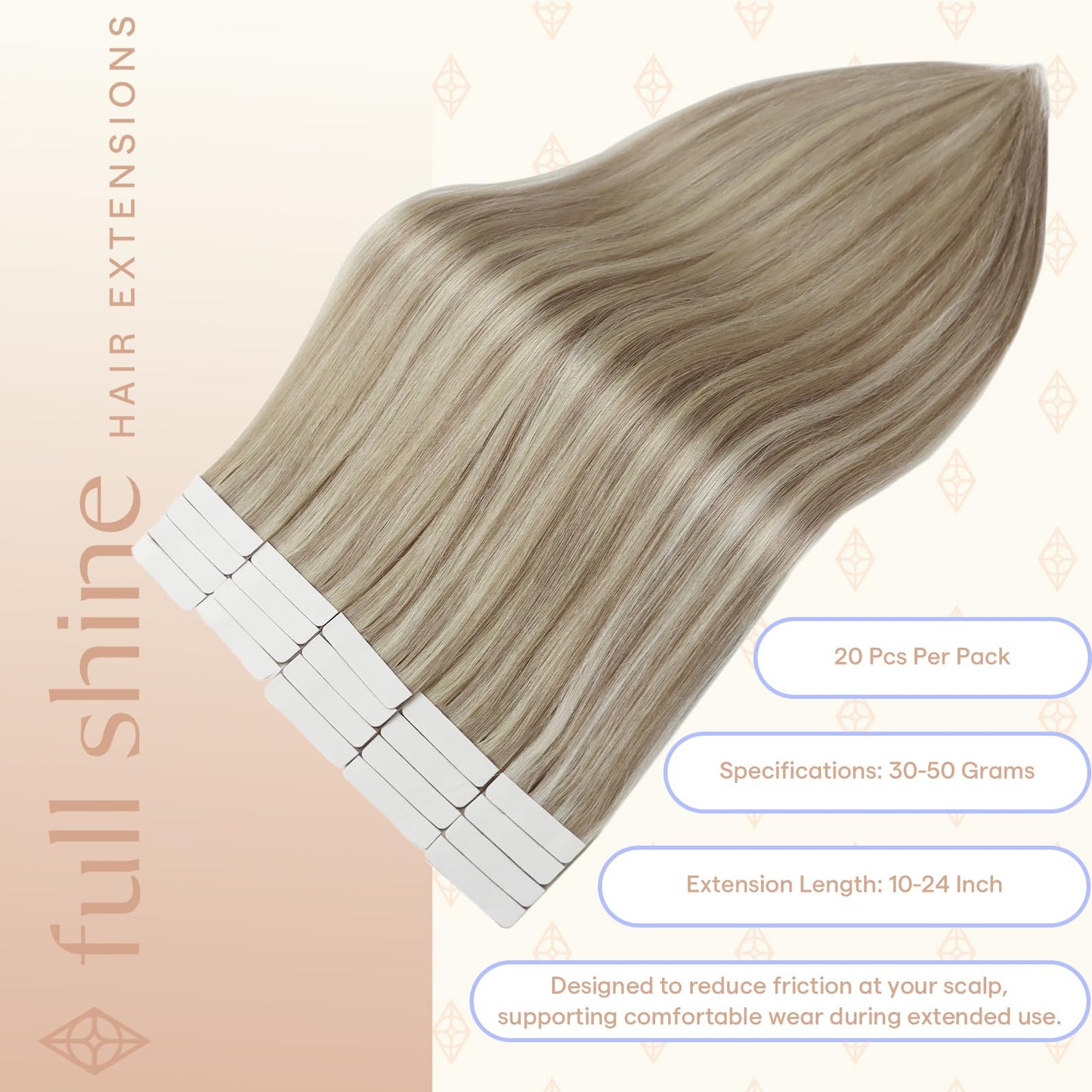 Full Shine Tape in Hair Extensions Human Hair 16 Inch Color 18 Dirty Blonde Highlighted 613 Ash Blonde Invisible Tape Ins Human Hair Extensions 50 Grams 20PCS Thick End for Party
