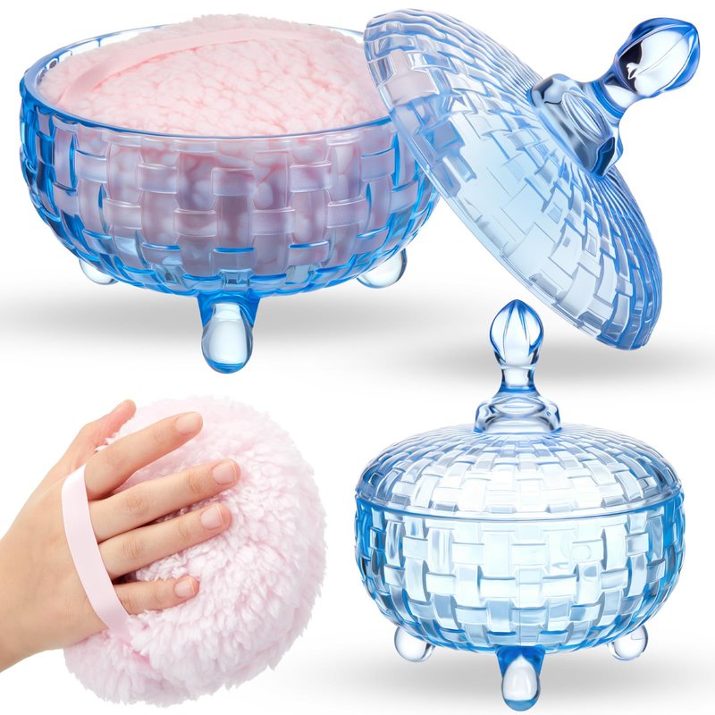 Tioncy 2 Pcs Extra Large Dusting Powder Puff and Container for Women-6'' Glass Crystal Dusting Powder Container with Body Soft Washable Reusable Velour Face(Blue,Weave Design)