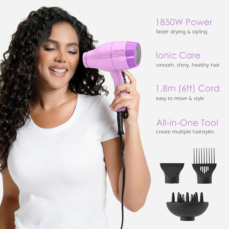 TOME Hair Dryer with Diffuser - 1875W Ionic Blow Dryer with Comb & Concentrator | Fast Drying, 2 Heat & 2 Speed Settings, Purple