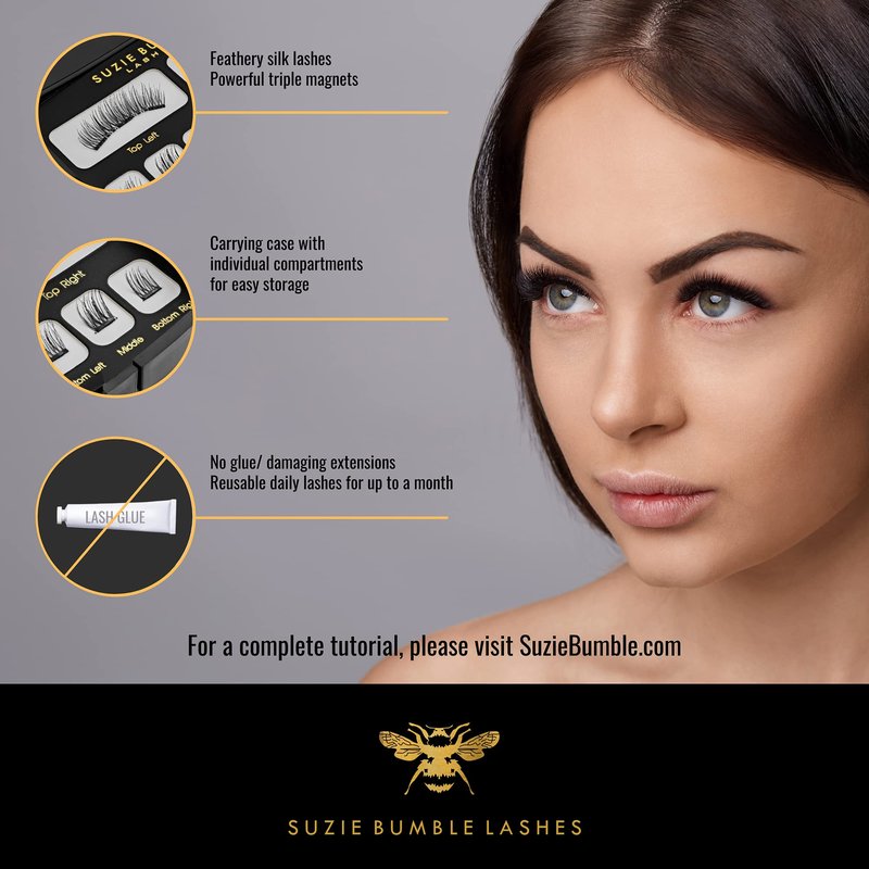 Suzie Bumble Magnetic Eyelashes with Applicator Tweezers; Reusable Magnetic Lashes Eyelash Extension Kit - Pestañas Postizas Magneticas - Comes with Beautiful Mirror Travel Case