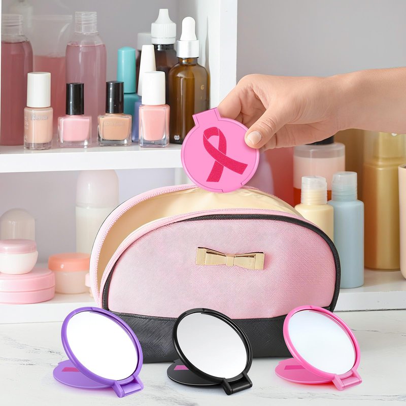 100pcs Breast Cancer Awareness Gifts for Women Pink Ribbon Mini Folding Makeup Mirror Bulk Round Pocket Portable Mirror Breast Cancer Awareness Accessories for Girls Survivor Party Favors Supplies