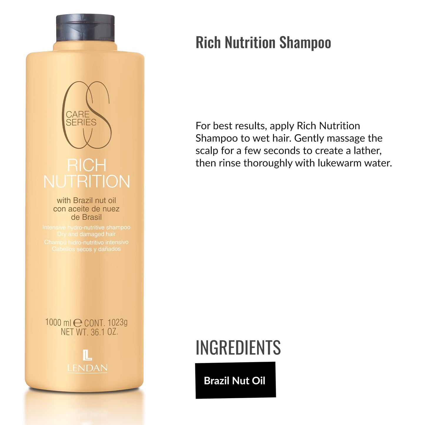 Lendan - Nourishing Shampoo - Rich Nutrition - 1000 ml - with Brazil Nut Oil - Deep Hair Hydration - Rebuilds the Hair Cuticle - Softer and Shinier Hair