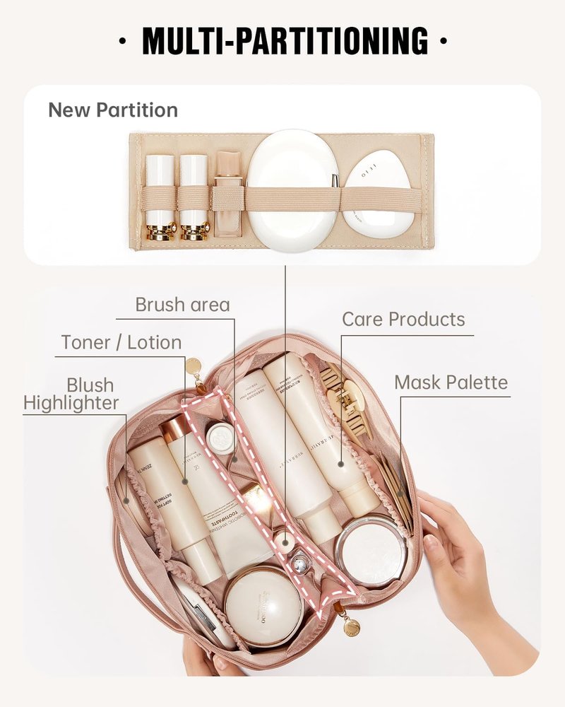 Travel Makeup Bag - Large Capacity Waterproof PU Leather Cosmetic Organizer | Flat Open Design for Skincare & Brushes