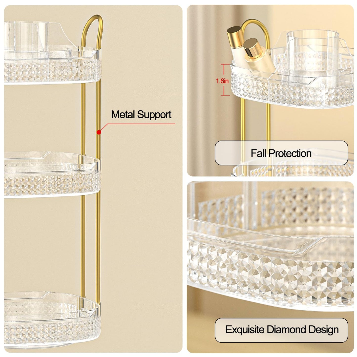 BOCONY Rotating Makeup Organizer for Vanity 3 Tier, Perfume Organizer with Makeup Brush Holder, Large Capacity Cosmetics Clear Skincare Organizer for Countertop (Transparent)
