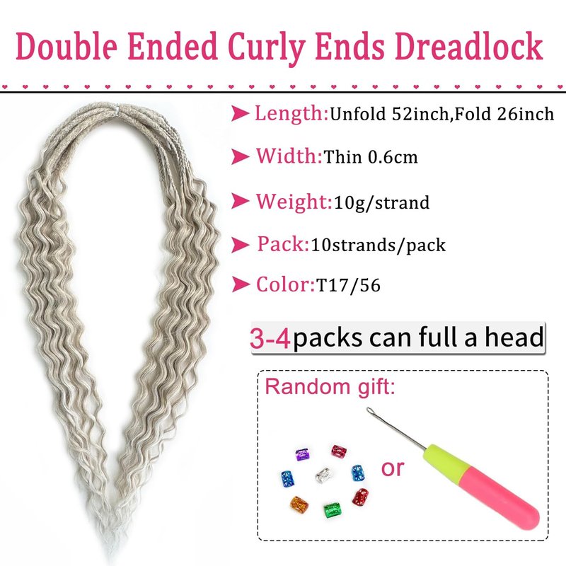 Curly Dreadlock Extensions - Boho Style Double Ended Synthetic Dreads | 26 Inches, 10 Strands, Soft (T17/56)
