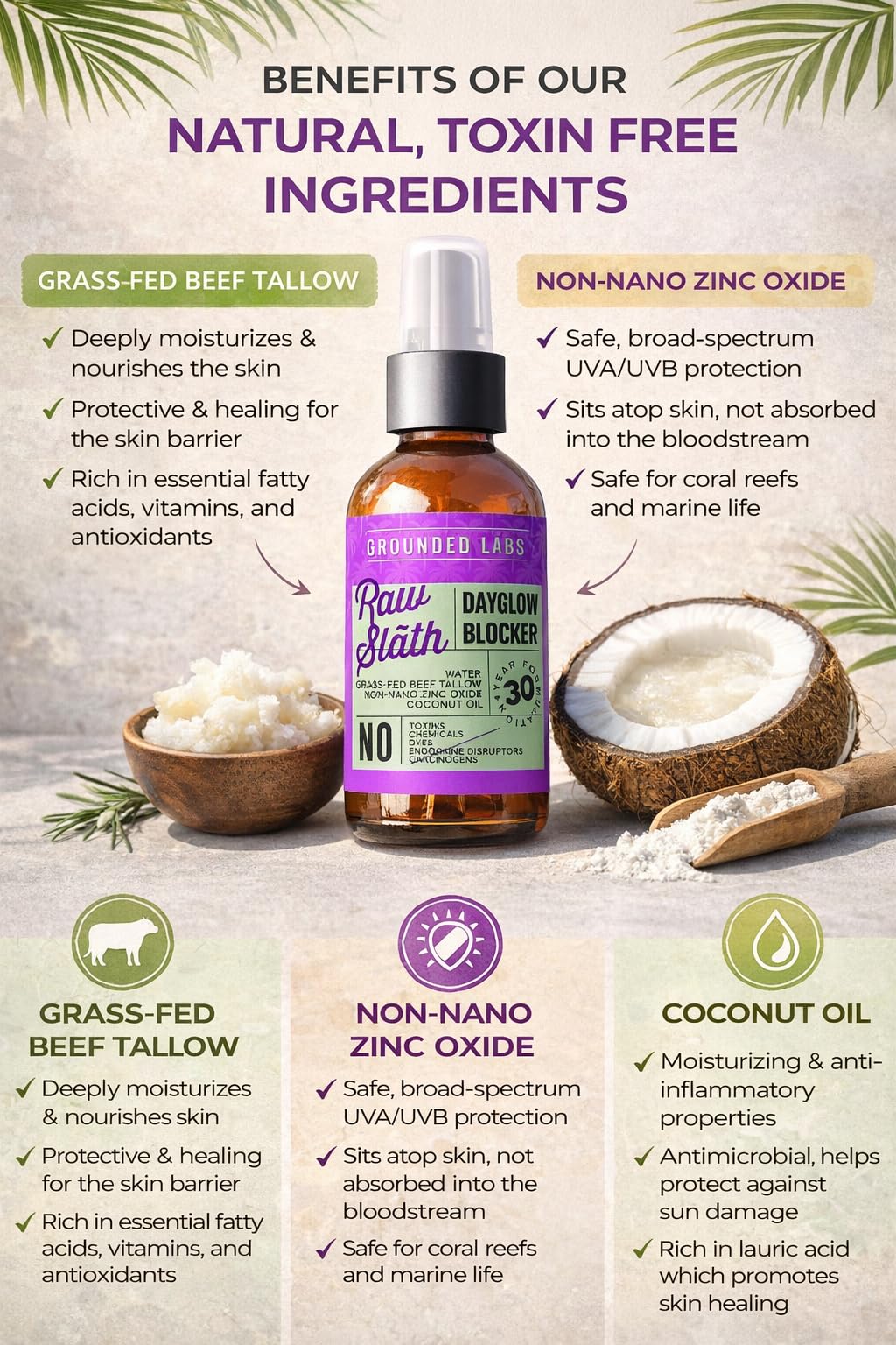 GROUNDED LABS Beef Tallow and Zinc Oxide Chemical-Free Sunscreen with 100% Grass-Fed Beef Tallow, Reef-Safe Non-Nano Zinc Oxide & Coconut Oil Mineral Sunblock SPF 30