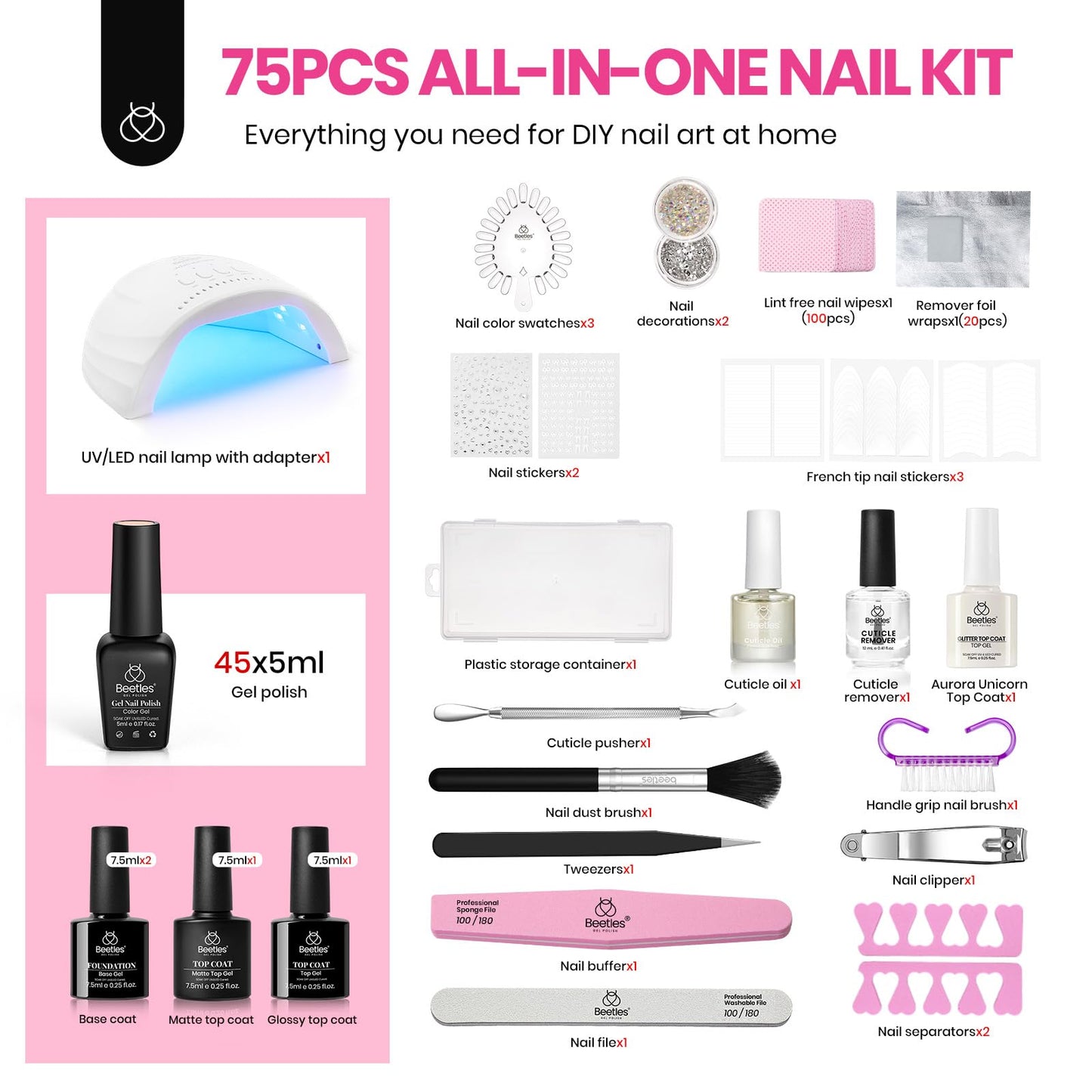 Beetles Gel Nail Kit with U V Light - 75PCS Chic Outfits 45 Colors Gel Nail Polish Set All Season Nail Kit with 5PCS Base Top Coat Soak Off at Home Nails Kit Perfect Manicure Tool Set Gifts for Women