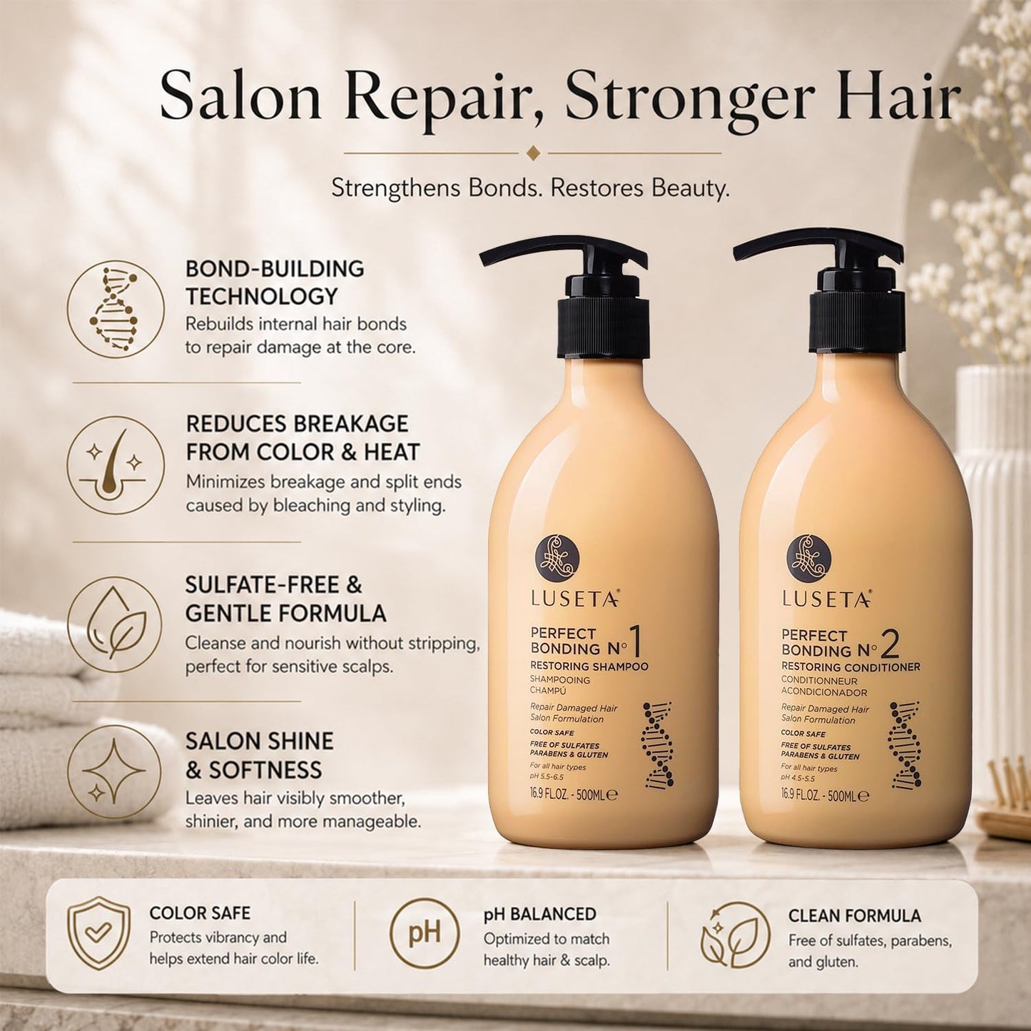 LUSETA Bond Repair & Revitalizing Shampoo and Conditioner Set for Chemically Damaged Hair. Deep Moisture to Smooth Frizz & Add Shine. Strengthens Hair Structure with Rosemary & Marula Oils, 2x16.9 oz