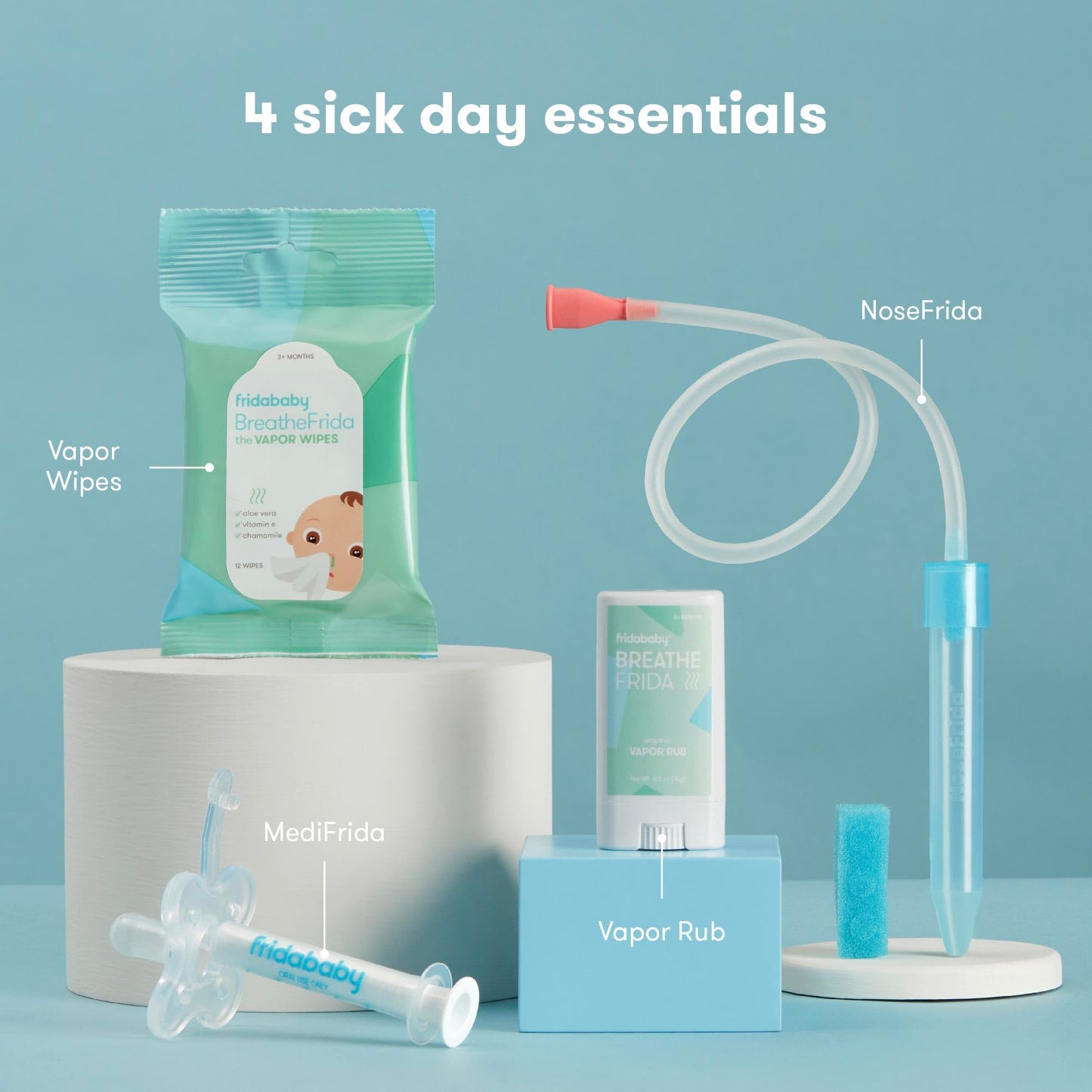 Frida Baby Sick Day Prep Kit, 4pc Set, Essentials Includes NoseFrida Nasal Aspirator, MediFrida Pacifier Medicine Dispenser, Breathefrida Vapor Chest Rub + Snot Wipes, Soothe Stuffy Noses for Babies