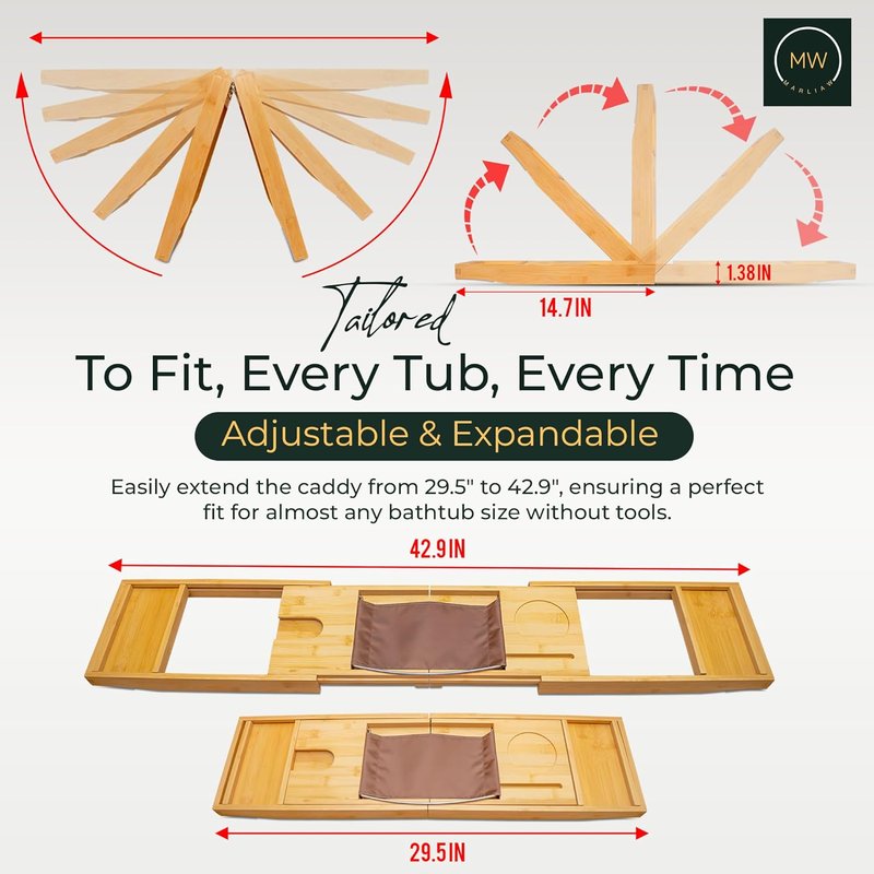 Luxury Bamboo Bathtub Tray - Foldable Spa Caddy with Wine Glass & Tablet Holder | Adjustable, Waterproof, Perfect Gift for Couples
