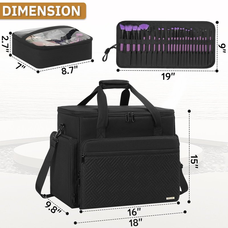 FREEAMG Extra Large Makeup Case with 4 Removable Pouches, Professional Make up Train Case, Travel Cosmetic Bag for Makeup Artist with Shoulder Strap and Handle (Black)（Bag only）