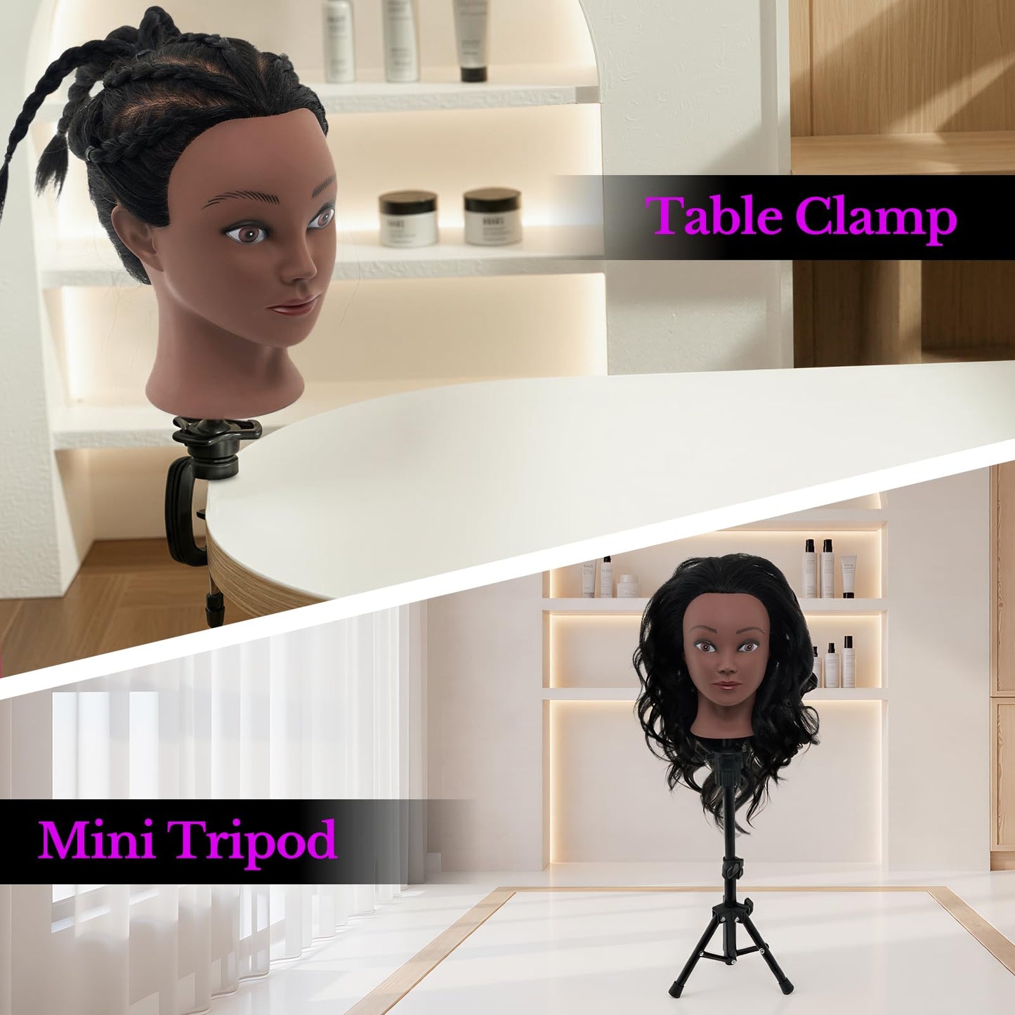 18" Mannequin Head Human Hair with Stand - 100% Real Human Hair Mannequin Head for Braiding, Cosmetology Manikin Doll Head for Hair Styling with Tripod Stand Table Clamp Hair Braiding Set,Black