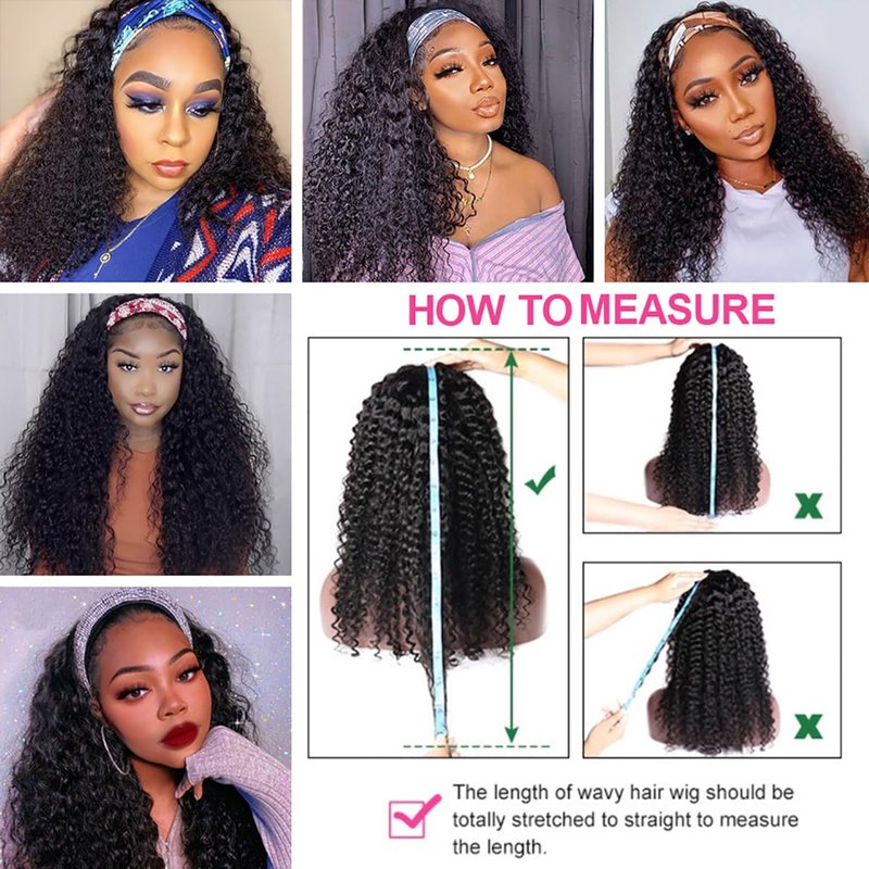 Maytune Curly Headband Wig Human Hair 12 Inch Water Wave Headband Wigs for Black Women Glueless Brazilian Virgin Deep Wave Human Hair Headband Wig Natural Color
