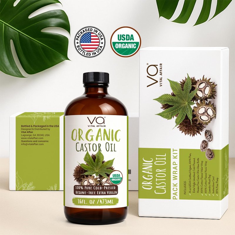 Castor Oil Pack Wrap Kit – USDA Organic, 16 oz Cold-Pressed Hexane-Free Castor Oil in Glass Bottle | Adjustable Cotton Flannel Waist & Neck Wraps | Made in USA | Liver, Abdominal & Detox Therapy