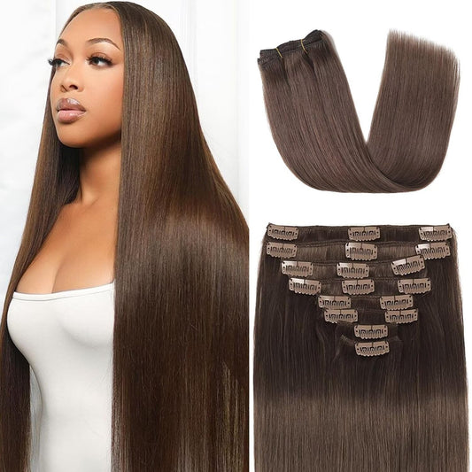 Tebelove Clip in Hair Extensions Real Human Hair 3.6oz/100g Clip ins Brazilian Remy Human Hair Extension for Women 8pcs Per Set with 18 Clips Double Weft (16 Inch #4 Chocolate Brown)