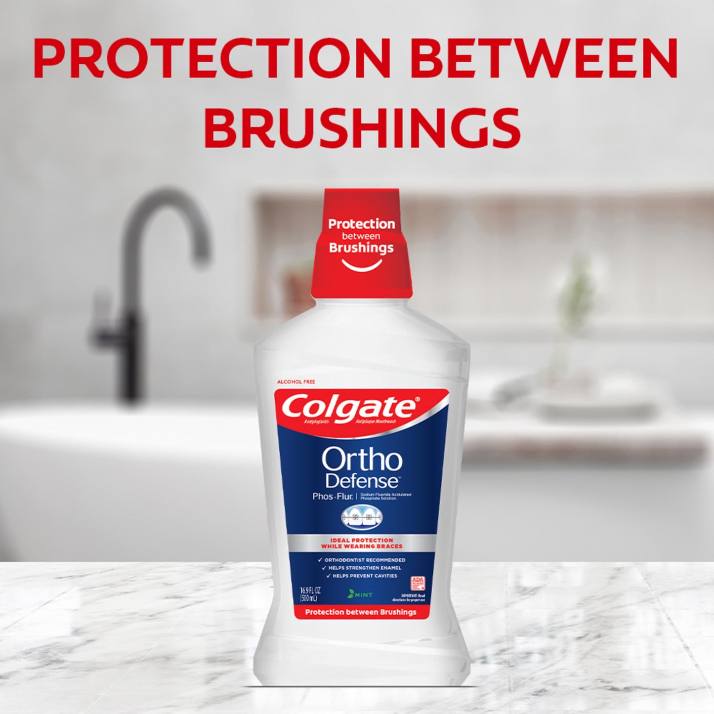 Colgate Ortho Defense Phos-Flur Anticavity Mouthwash, Alcohol Free Mouthwash for Braces, Made with Fluoride and Phosphate to Reduce White Spots and Help Prevent Cavities, Mint, 16.9 Fl Oz Bottle