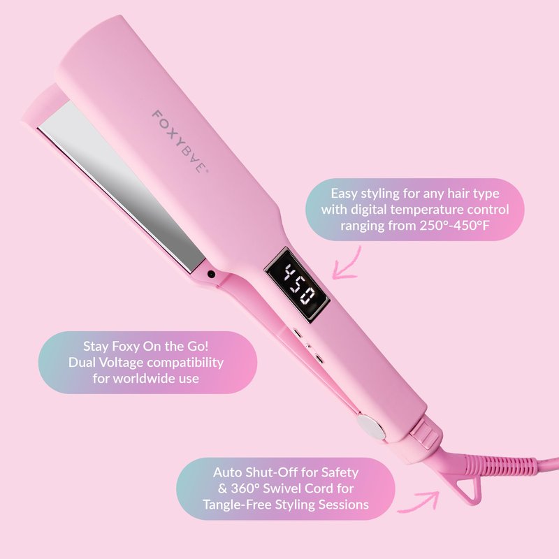 FoxyBae Flat Iron Hair Straightener - TRÉS Sleek 1.75" Wide Plate Titanium Dual Voltage Portable Professional Hair Straightening Hot Tool Locks Moisture & Shine [Pink]