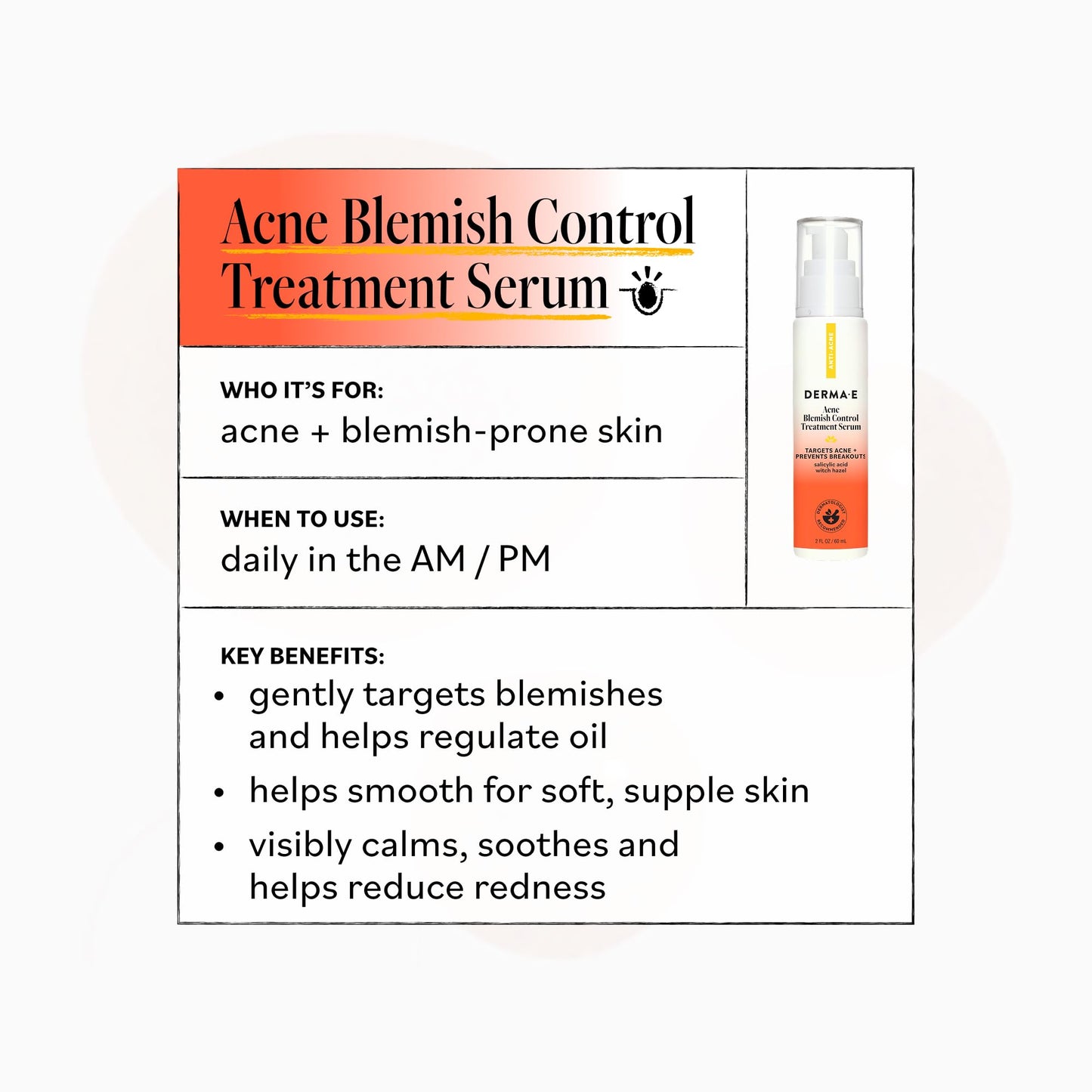DERMA E Acne Spot Treatment, Acne Blemish Control Treatment Serum, 2 Fl Oz, Clinically Studied to Help Fight Blackheads, Breakouts and Cystic Acne for Clearer Looking Skin