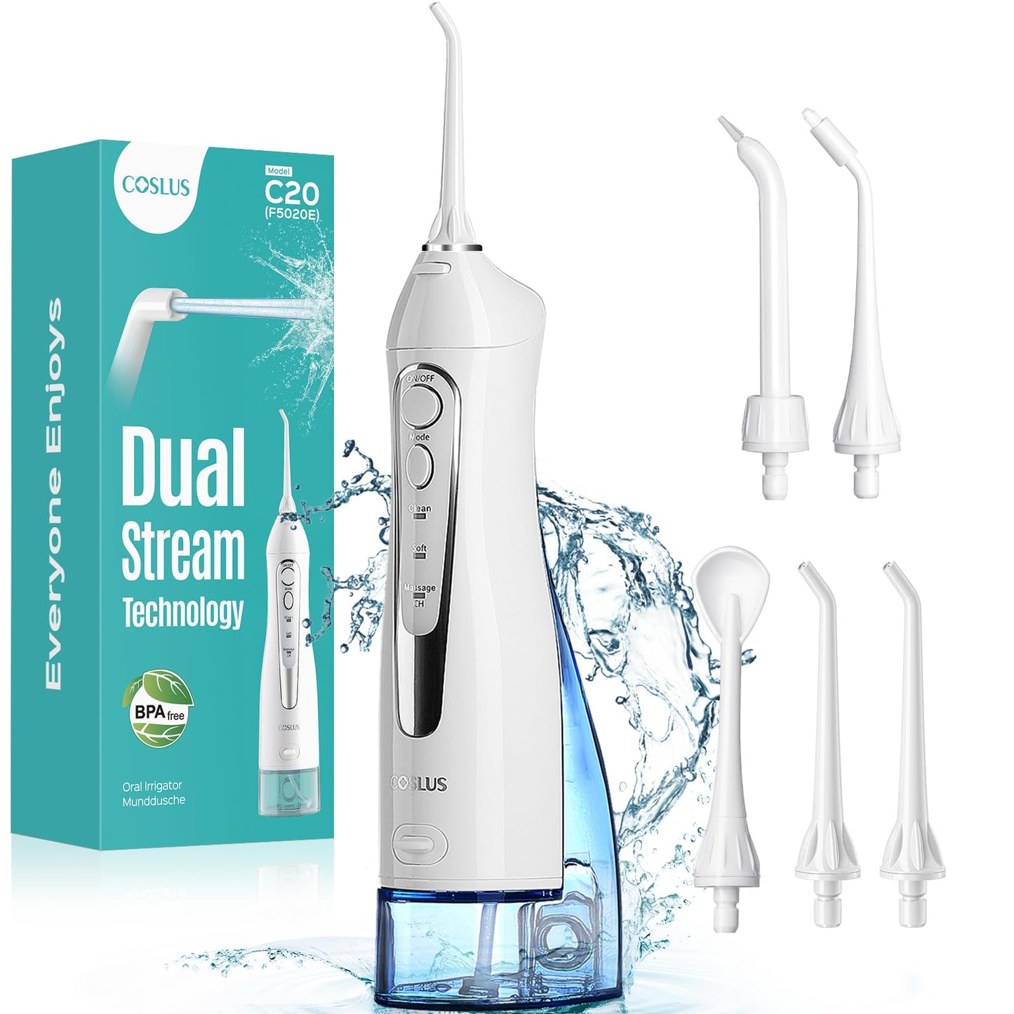 COSLUS ADA Accepted Water Dental Flosser Teeth Pick C20: Portable Cordless Oral Irrigator 300ML Rechargeable Travel Irrigation Cleaner IPX7 Waterproof Electric Flossing Machine, Professional Set White