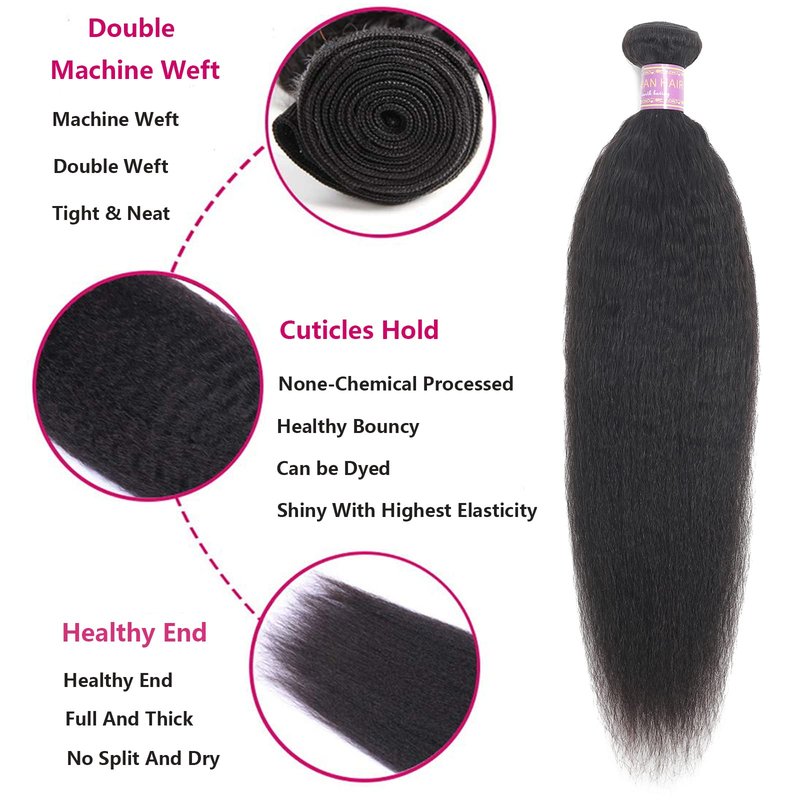 Kinky Straight Human Hair Bundles 18Inch Yaki Straight Human Hair Extensions 1 Bundles Unprocessed 100% Brazilian Virgin Kinky Straight Human Hair For Black Women Natural Black